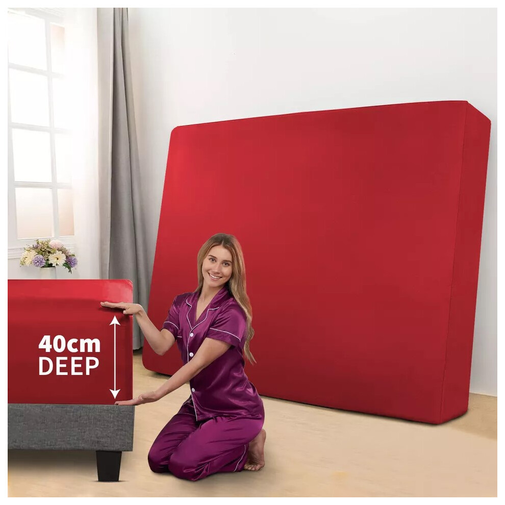 (Red, King: 152 x 200 CM) Xtra Deep 40CM Fitted Bed Sheet & Pillowcases Pair