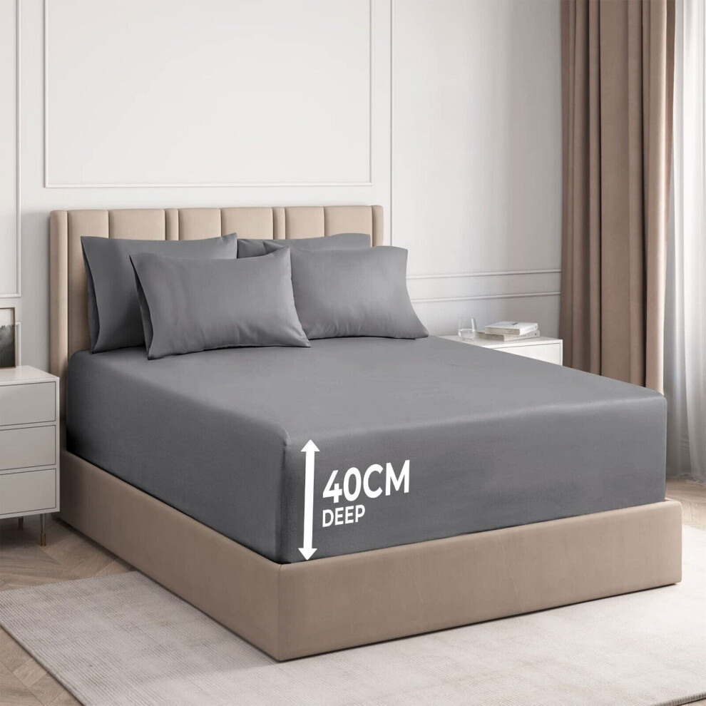 (Grey, Single: 91 x 190 CM) Xtra Deep 40CM Fitted Bed Sheet & Pillowcases Pair-image-OPC-PDXZ82Q-NEW