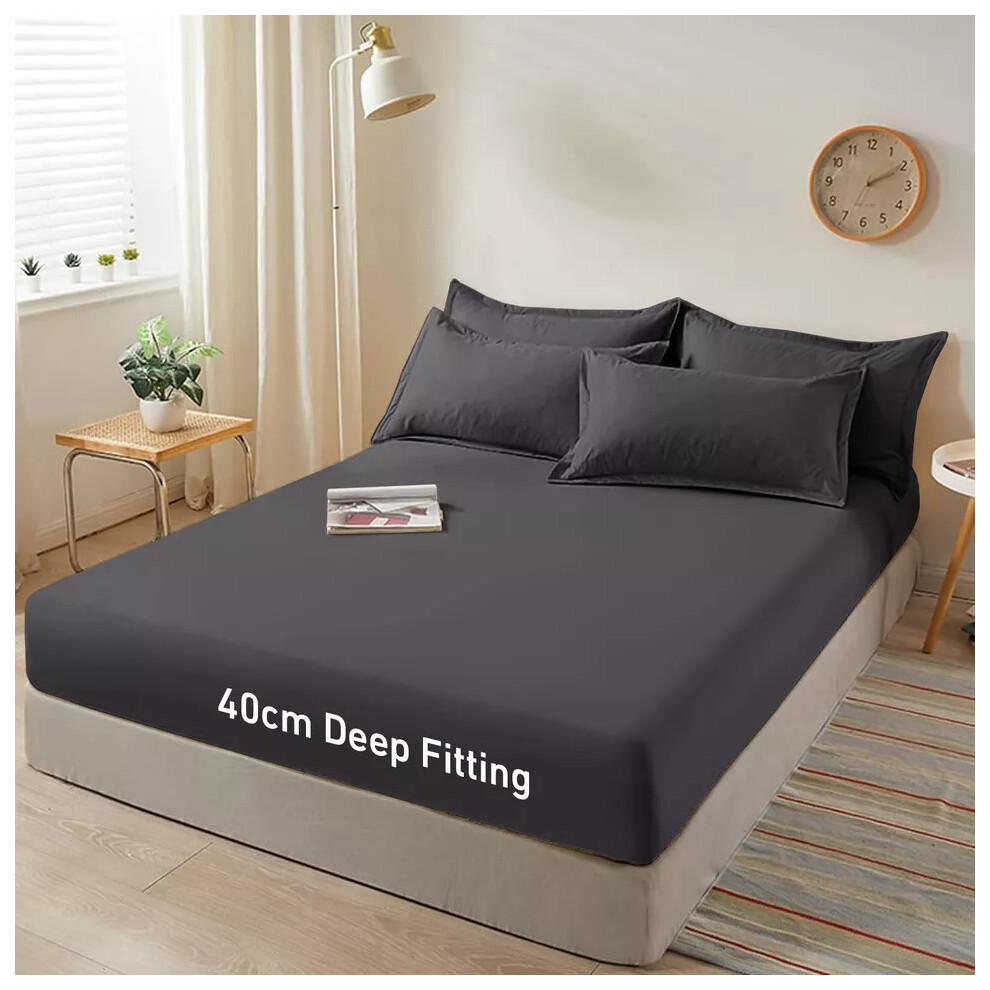 (Charcoal, Double: 137 x 190 CM) Xtra Deep 40CM Fitted Bed Sheet & Pillowcases Pair