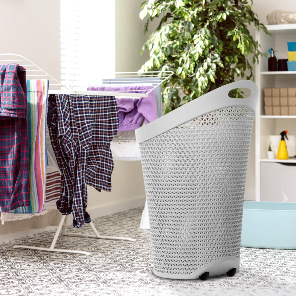 (White) Large 100 Litre Laundry Basket with Handle & Wheels