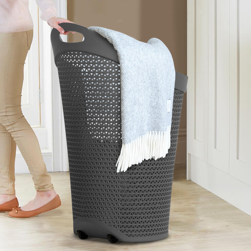 (Grey) Large 100 Litre Laundry Basket with Handle & Wheels