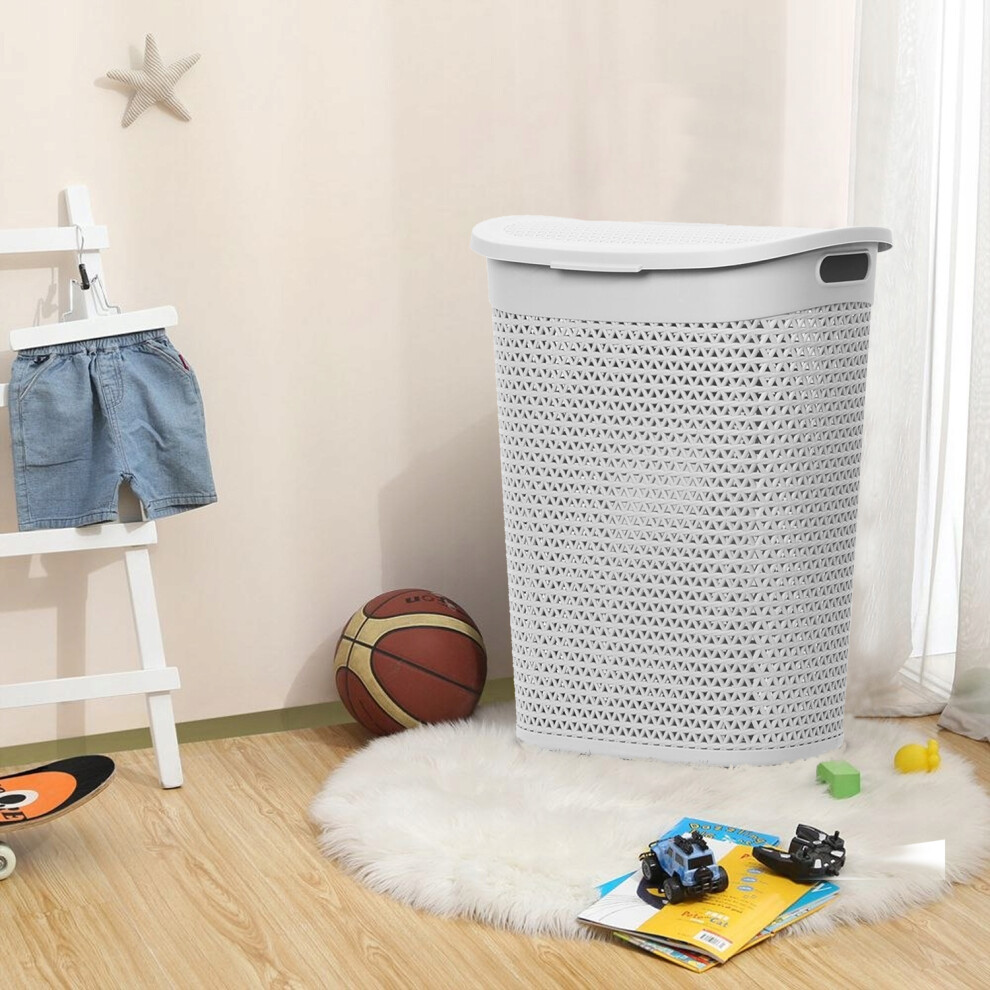 (White) 60 Litre Plastic Laundry Basket with Lid & Handles