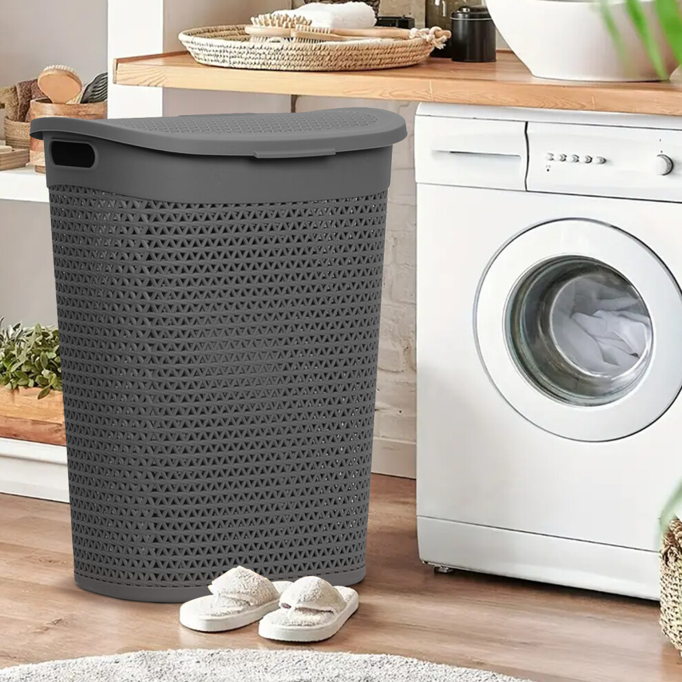 (Grey) 60 Litre Plastic Laundry Basket with Lid & Handles