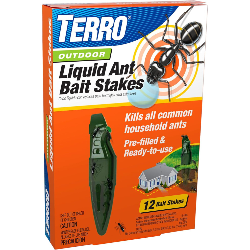 TERRO T1813B Outdoor Ready-to-Use Liquid Ant Bait Stake Killer Trap - Kills Common Household Ants 12 Stakes