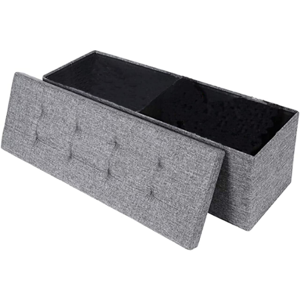 Large Folding Ottoman Storage Box,Grey Linen Padded Foldable Bench Footstool, Toy Chest Seat Foot Stool Storage Box with Lid, 120L Capacity, for