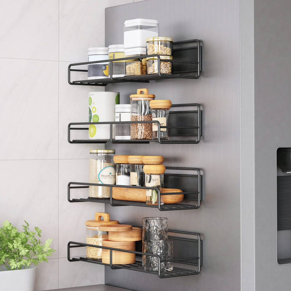 Covaodq 4 Pack Magnetic Spice Rack Organizer, Magnet Shelf Spice Racks, With 10 Hooks For Cabinet Refrigerator Space Saving Kitchen Organization For Spice