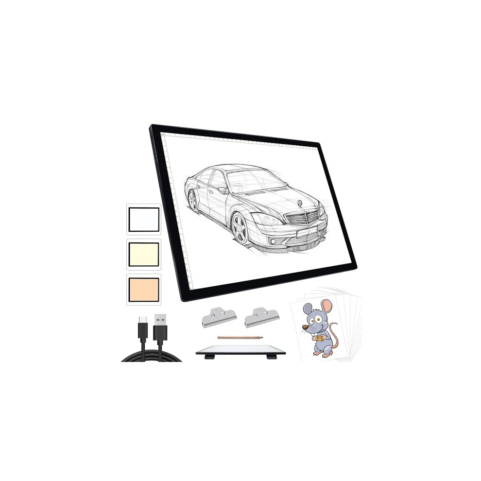 A3 Light Box Drawing - Portable Battery Powered Light Pad for Diamond Painting, 3 Colours 6 Levels Brightness Tracing Light Box, Rechargeable LED