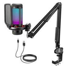 Gaming USB Microphone with Adjustable RGB Modes & Brightness, Condenser PC Mic with Boom Arm for Streaming Podcast Recording Studio Singing Youtube