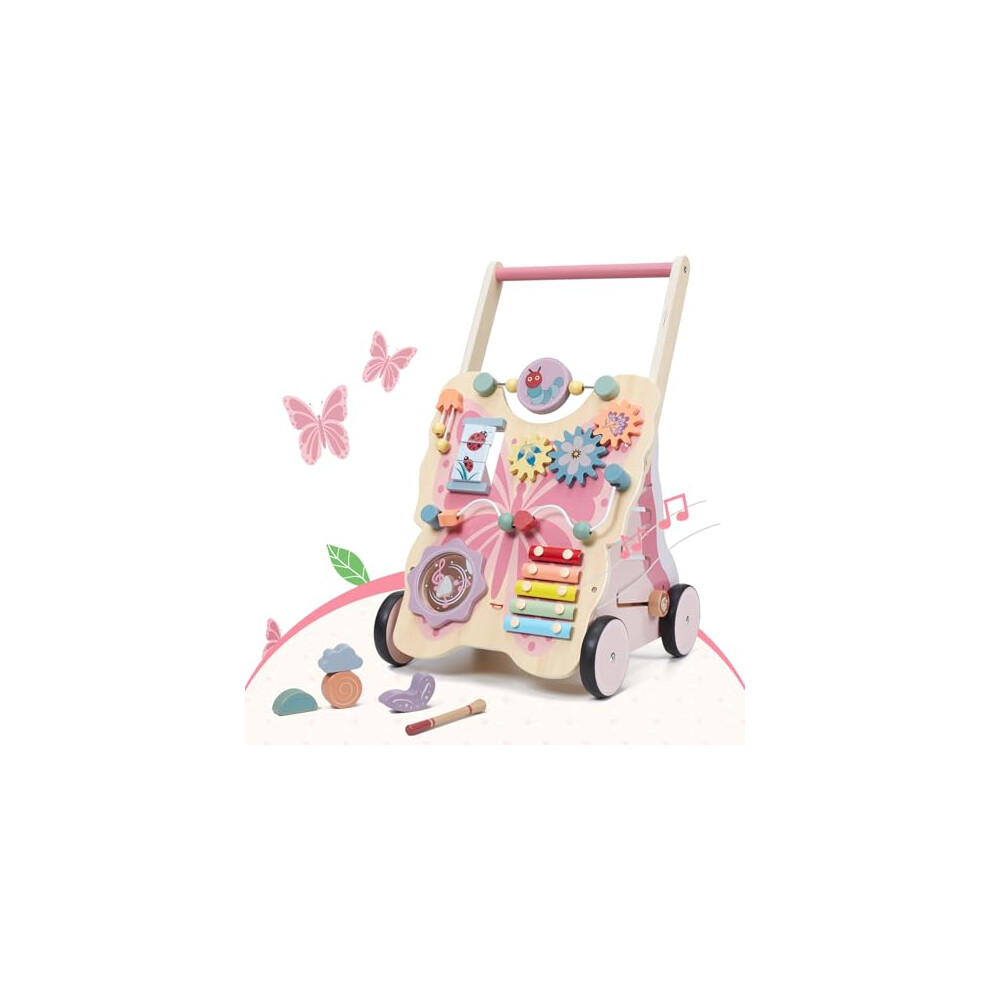 Wooden Baby Walker For Boys And Girls, Butterfly Shape Push And Pull Learning Activity Walker, Baby Push Along Walker Toys Develops Motor Skills & Giant Bean