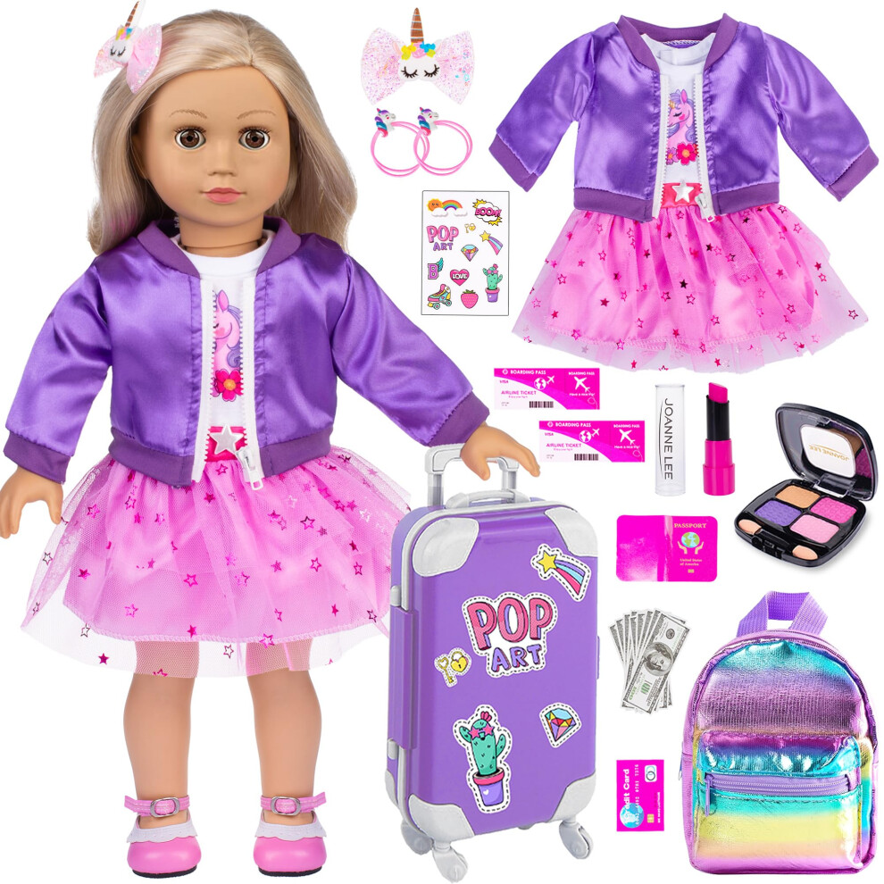 24pcs American 18 inch School Supplies Suitcase Doll Clothes and Accessories Play Set Includes Coat Dress School Bag Sticker Cash Toys (No Doll)