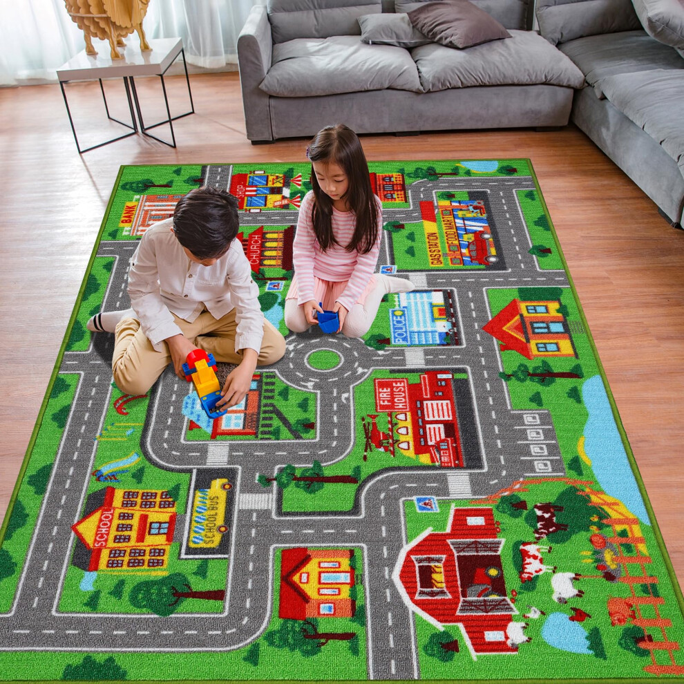 Kids Car Play Rug, Kids Car Play Mat Town City Road Map Rug, Kids Play Rug for Playroom, Extra Large Children Car Track Play Rug for Playroom, Bedroom