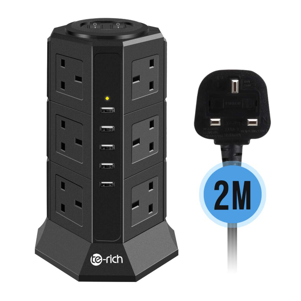 Tower Extension Lead, Te-Rich 12 Gang Surge Protector Multi Plug Power Strip Electric Charging Station with 5 Smart USB Charger, 2500W/10A, Separate