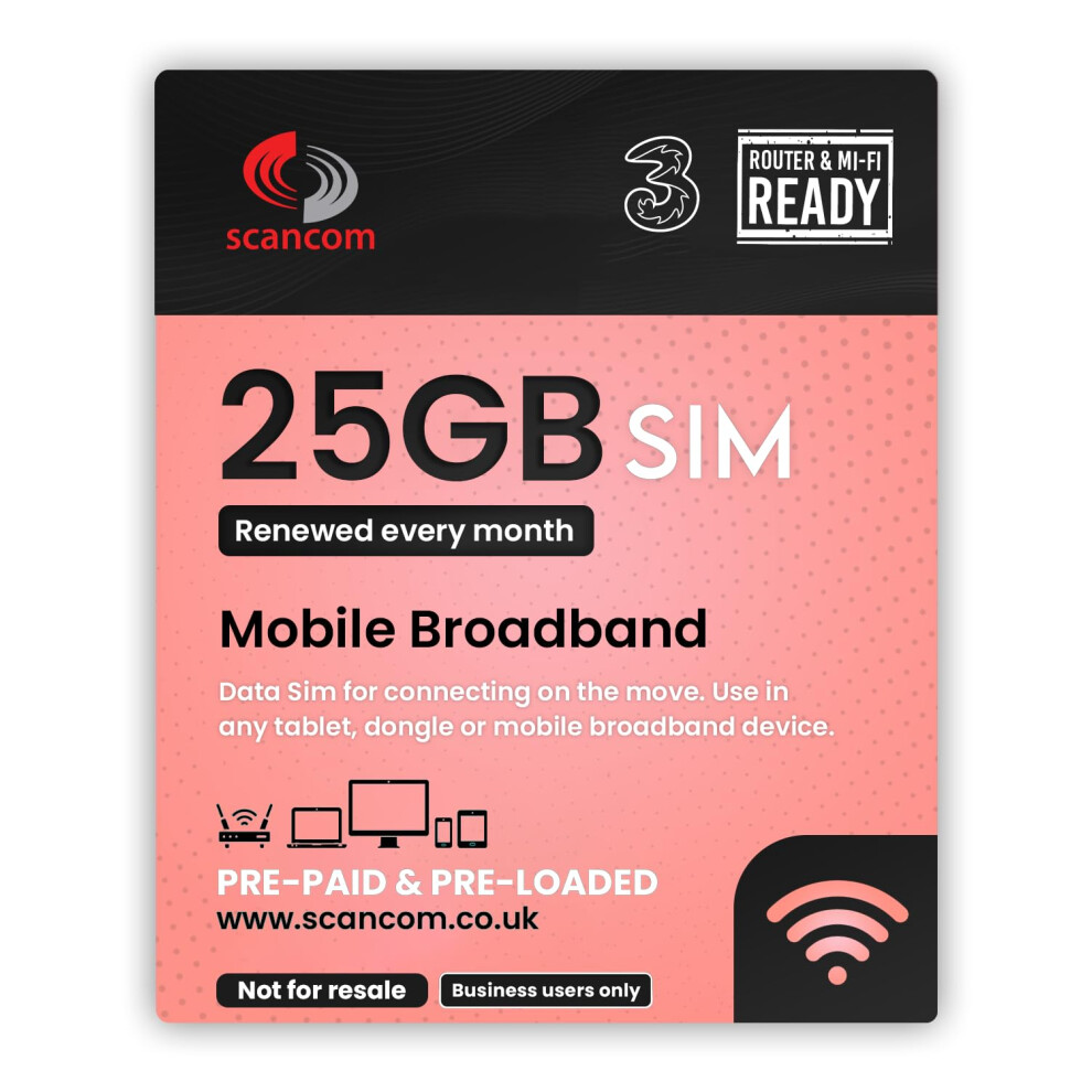 Three 25GB Data SIM - 5G Preloaded Every Month from now until 8th February 2027 - Perfect For Wifi Routers, Tablets & Phones - Business Grade 5G Data