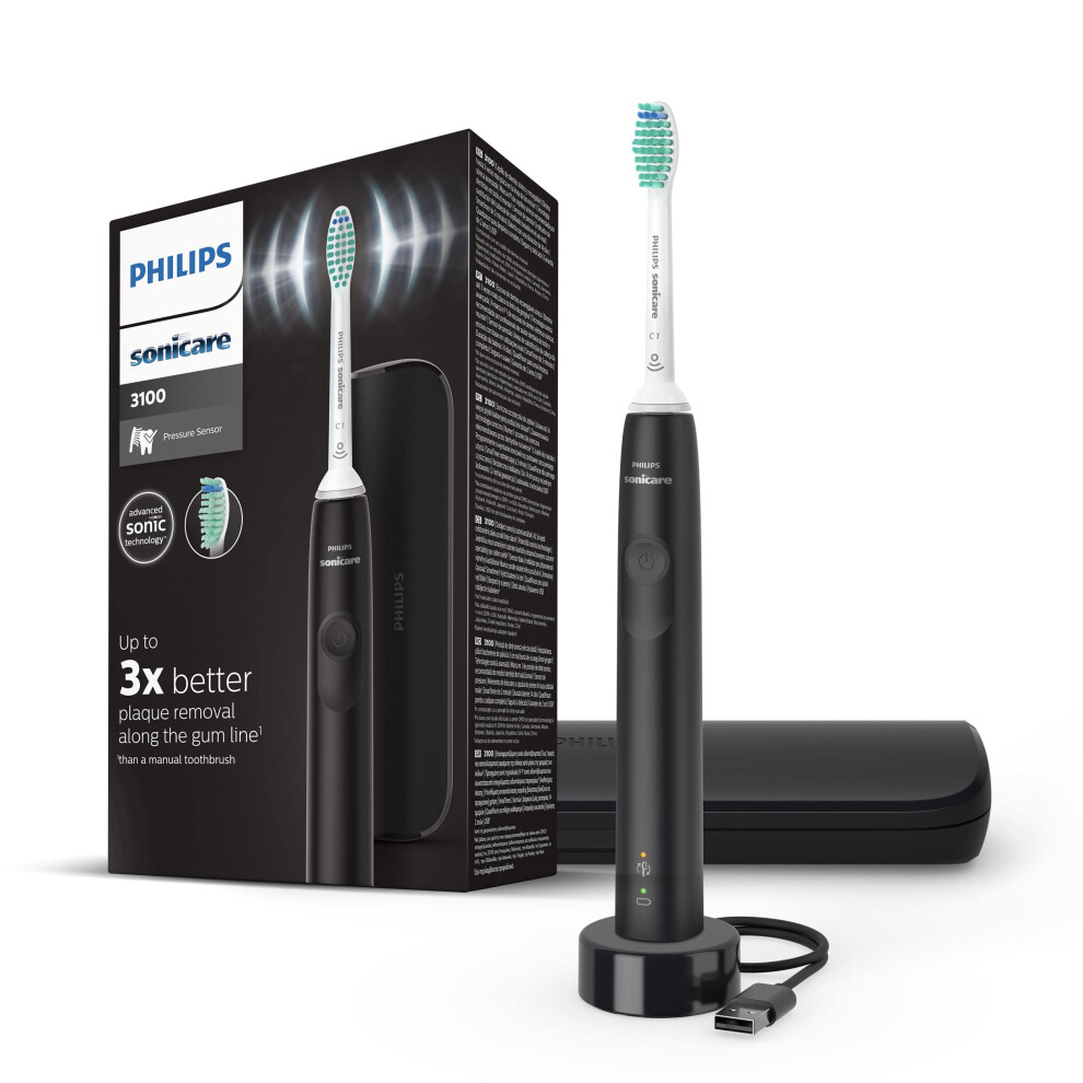 Sonicare 3100 Series Sonic Electric Toothbrush with Pressure Sensor and BrushSync Replacement Reminder, HX3673/14, Black