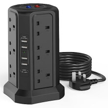 Tower Extension Lead with USB Slots 1.8M and 18W USB C Fast Charger, (13A 3250W) 5 USB Ports and 12 Way Extension Tower, Surge Protection Extension
