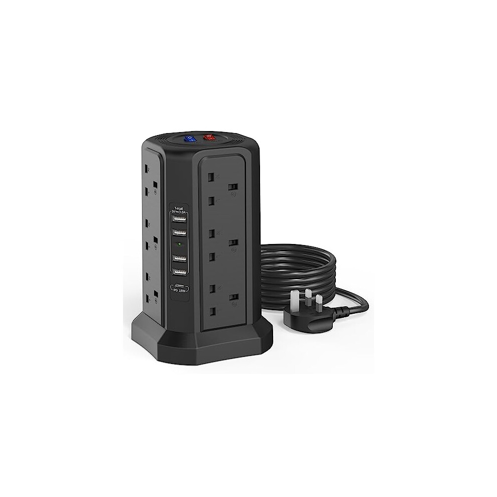 Tower Extension Lead with USB Slots 1.8M and 18W USB C Fast Charger, (13A 3250W) 5 USB Ports and 12 Way Extension Tower, Surge Protection Extension