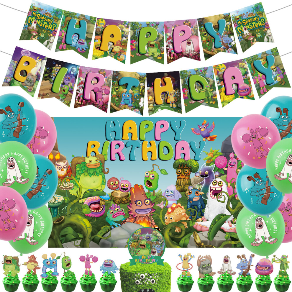 (33Pcs Set 1) Monster Concert Themed Birthday Party Decorations Hanging Flag Banner Balloon Set
