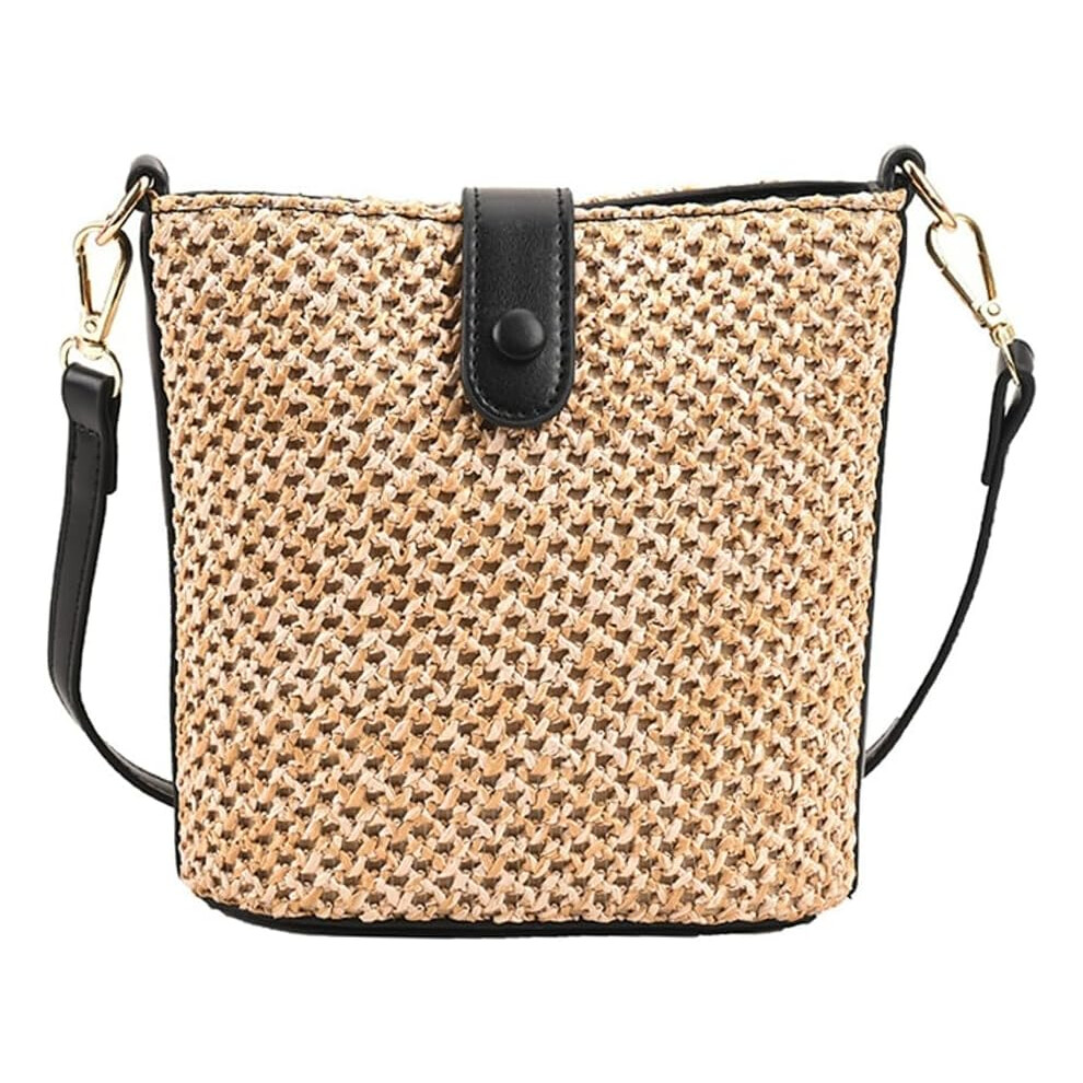(Black-large) Straw Beach Bags For Women Rattan Purse Summer Straw Cross-body Bag Raffia Handbag Purses Shoulder Bag Small Bucket Bag 2024