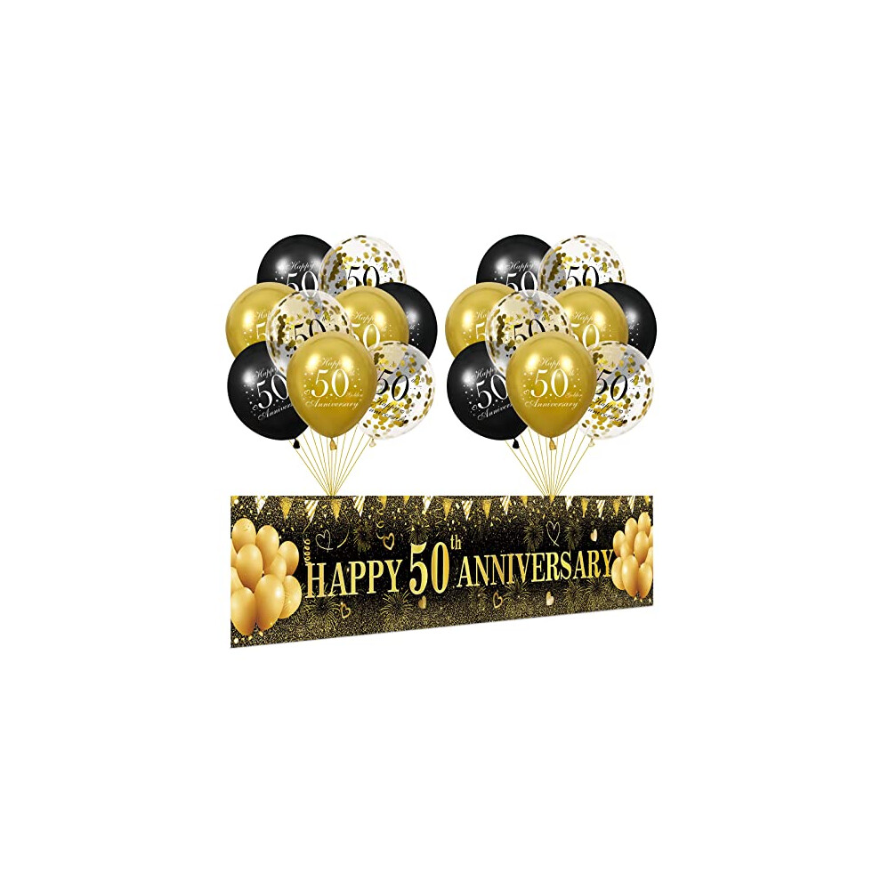 50th Wedding Anniversary Decorations, Black Gold Happy 50th Anniversary Yard Banner and 18Pcs 50th Happy Anniversary Balloons for 50th Wedding