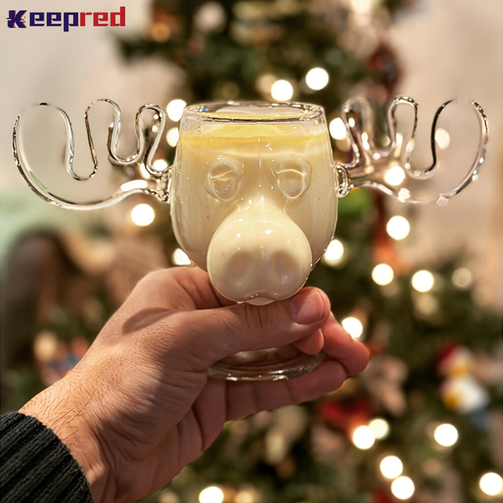 (Reindeer Glass Cup) 240ml 8.4oz Clear Wine Glass Creative Reindeer Water Cup