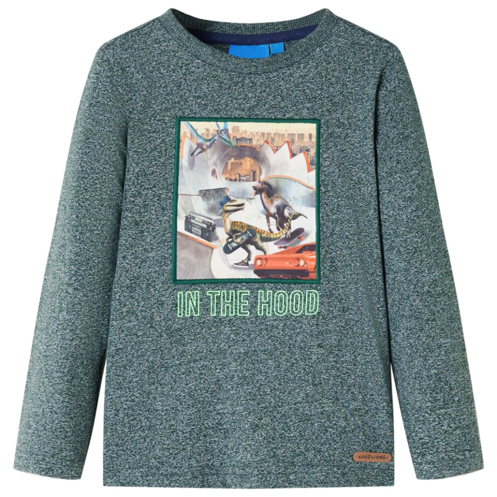 Vidaxl (Dark Green, 128 (7-8Y)) Kids' T-Shirt With Long Sleeves Children's T Shirt Top Tee Dinosaur Print