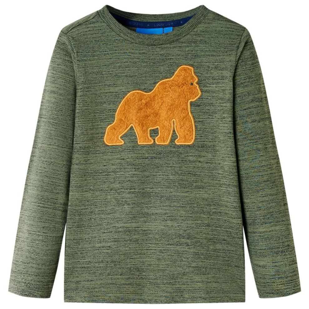 Vidaxl (128 (7-8Y)) Kids' T-Shirt With Long Sleeves T Shirt Tee Top Gorilla Design Khaki Melange