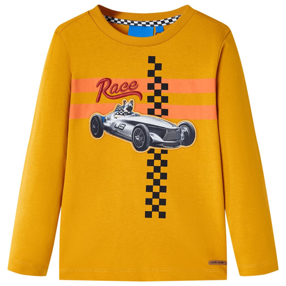 Vidaxl (Ochre, 128 (7-8Y)) Kids' T-Shirt With Long Sleeves Children's T Shirt Tee Race Car And Dog Print