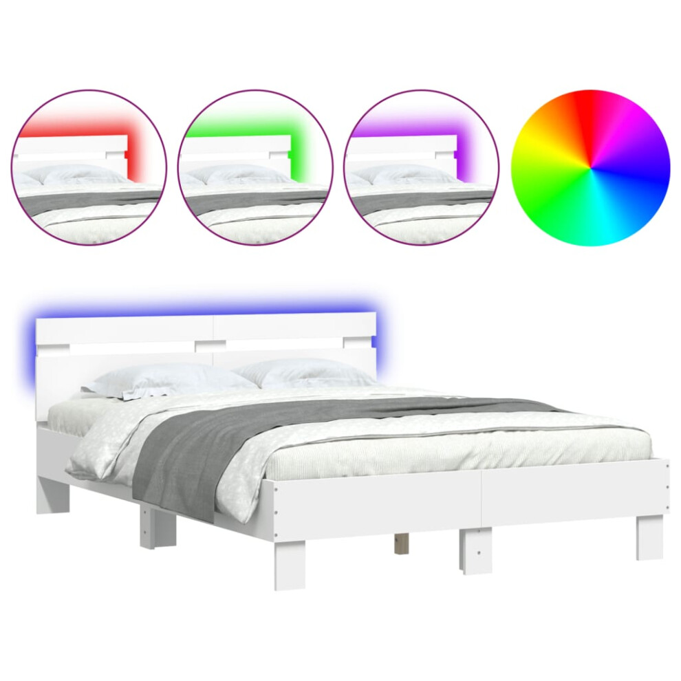 Vidaxl (White, 135 X 190 Cm) Bed Frame With Headboard And Led Bed Base Bedstead Matress Foundation