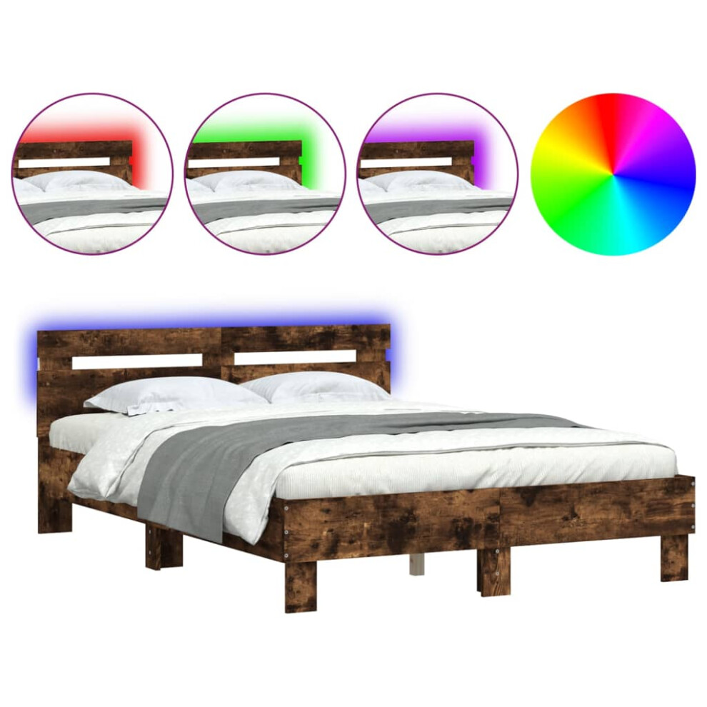 Vidaxl (Smoked Oak, 135 X 190 Cm) Bed Frame With Headboard And Led Bed Base Bedstead Matress Foundation