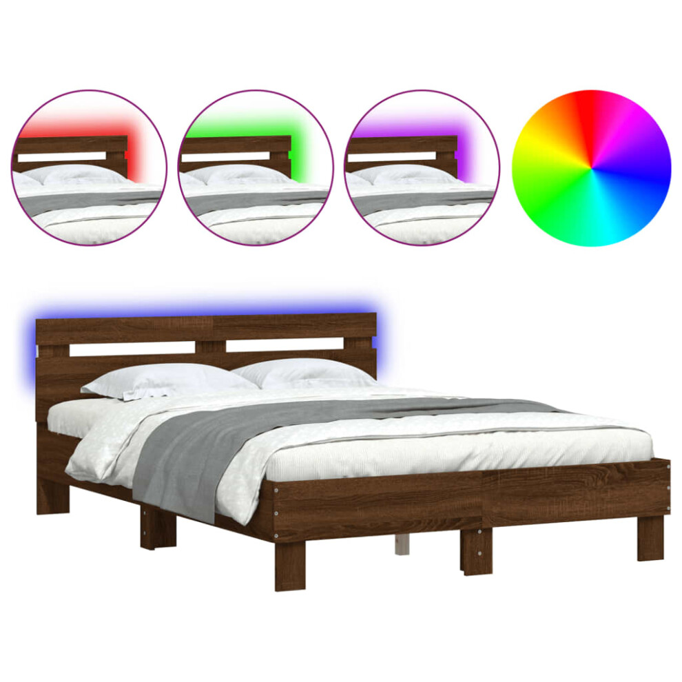 Vidaxl (Brown Oak, 120 X 200 Cm) Bed Frame With Headboard And Led Bed Base Bedstead Matress Foundation