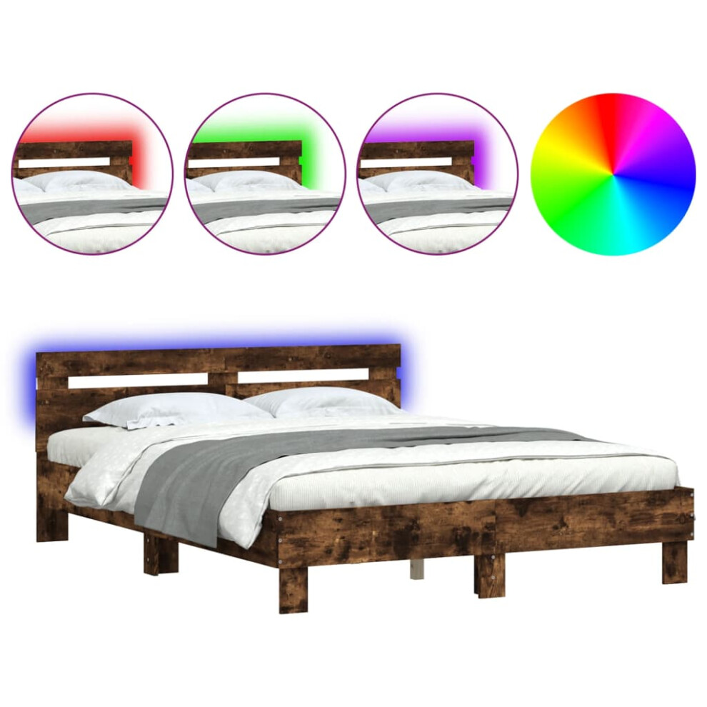 Vidaxl (Smoked Oak, 140 X 190 Cm) Bed Frame With Headboard And Led Bed Base Bedstead Matress Foundation