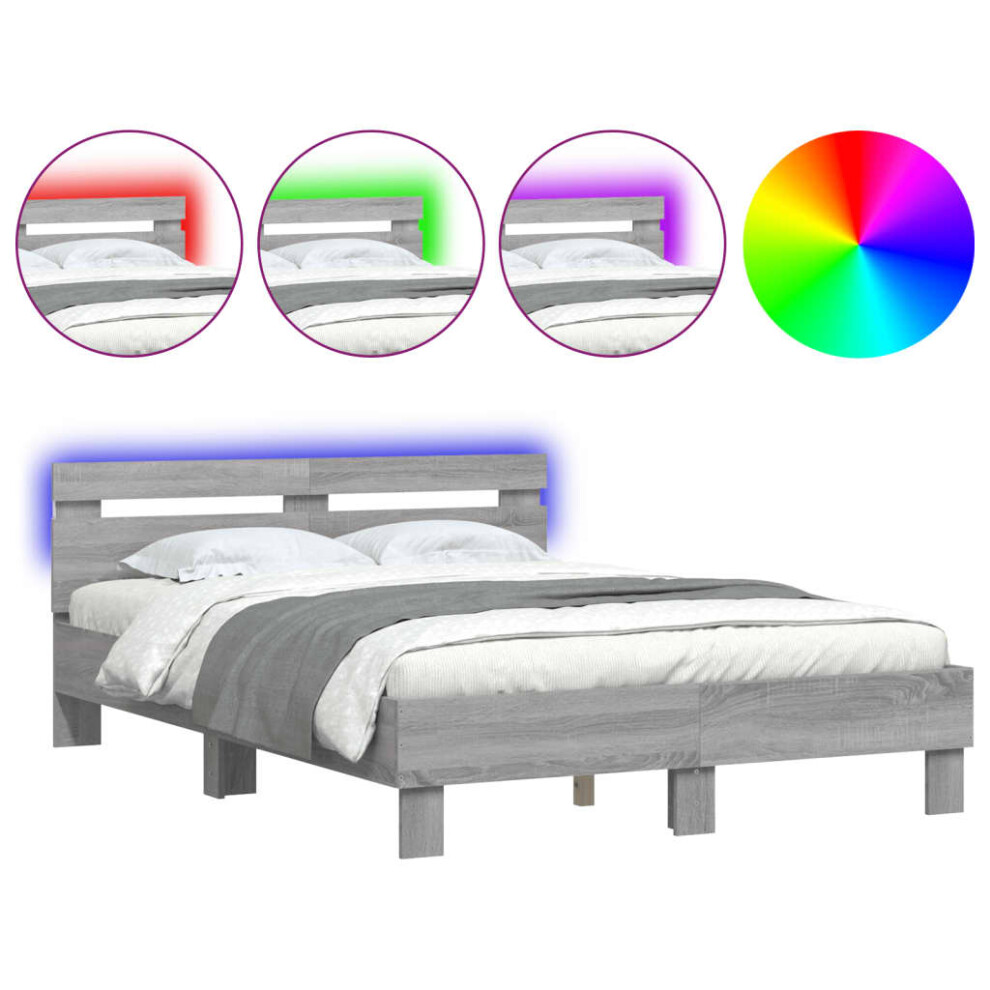Vidaxl (Grey Sonoma, 135 X 190 Cm) Bed Frame With Headboard And Led Bed Base Bedstead Matress Foundation