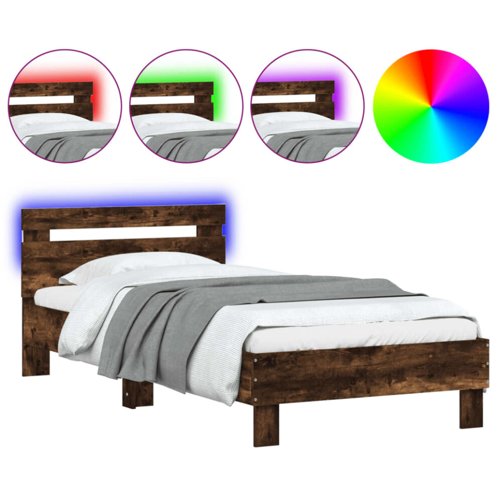 Vidaxl (Smoked Oak, 90 X 190 Cm) Bed Frame With Headboard And Led Bed Base Bedstead Matress Foundation