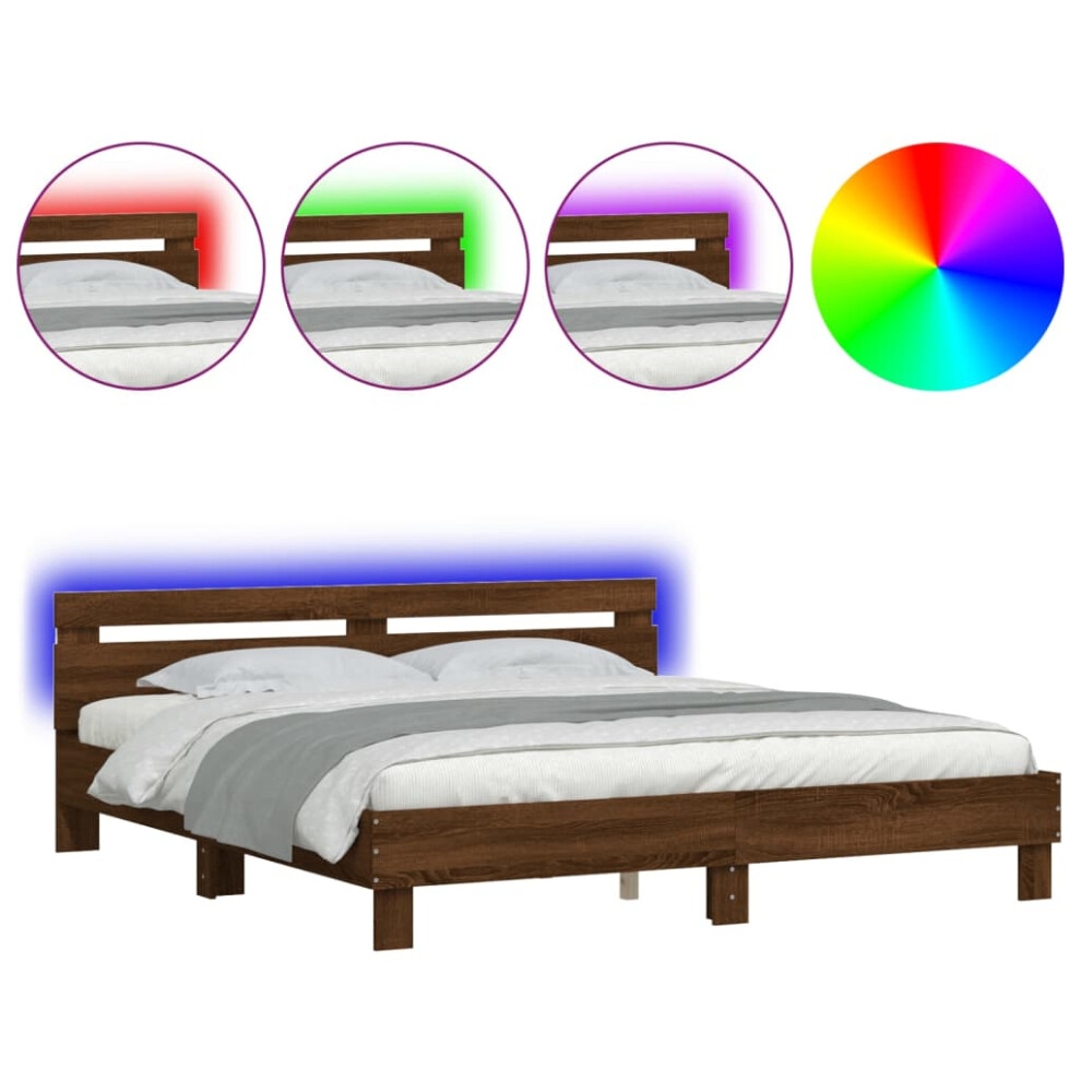 Vidaxl (Brown Oak, 200 X 200 Cm) Bed Frame With Headboard And Led Bed Base Bedstead Matress Foundation