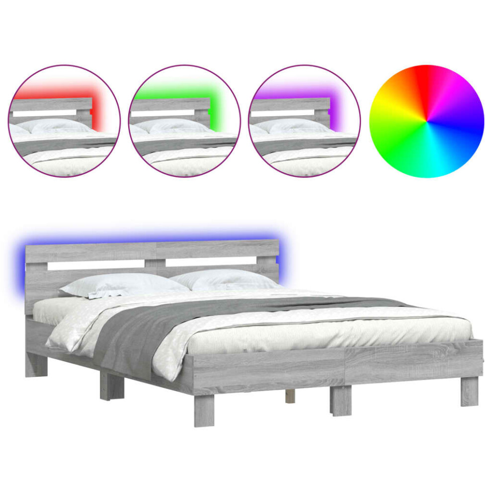 Vidaxl (Grey Sonoma, 140 X 200 Cm) Bed Frame With Headboard And Led Bed Base Bedstead Matress Foundation