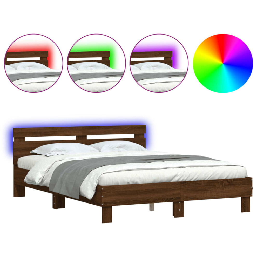 Vidaxl (Brown Oak, 150 X 200 Cm) Bed Frame With Headboard And Led Bed Base Bedstead Matress Foundation