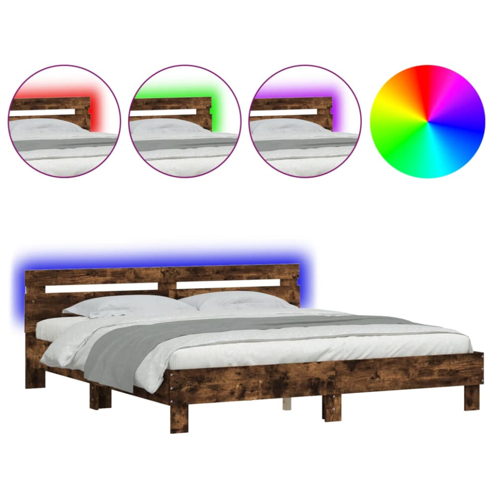 Vidaxl (Smoked Oak, 180 X 200 Cm) Bed Frame With Headboard And Led Bed Base Bedstead Matress Foundation