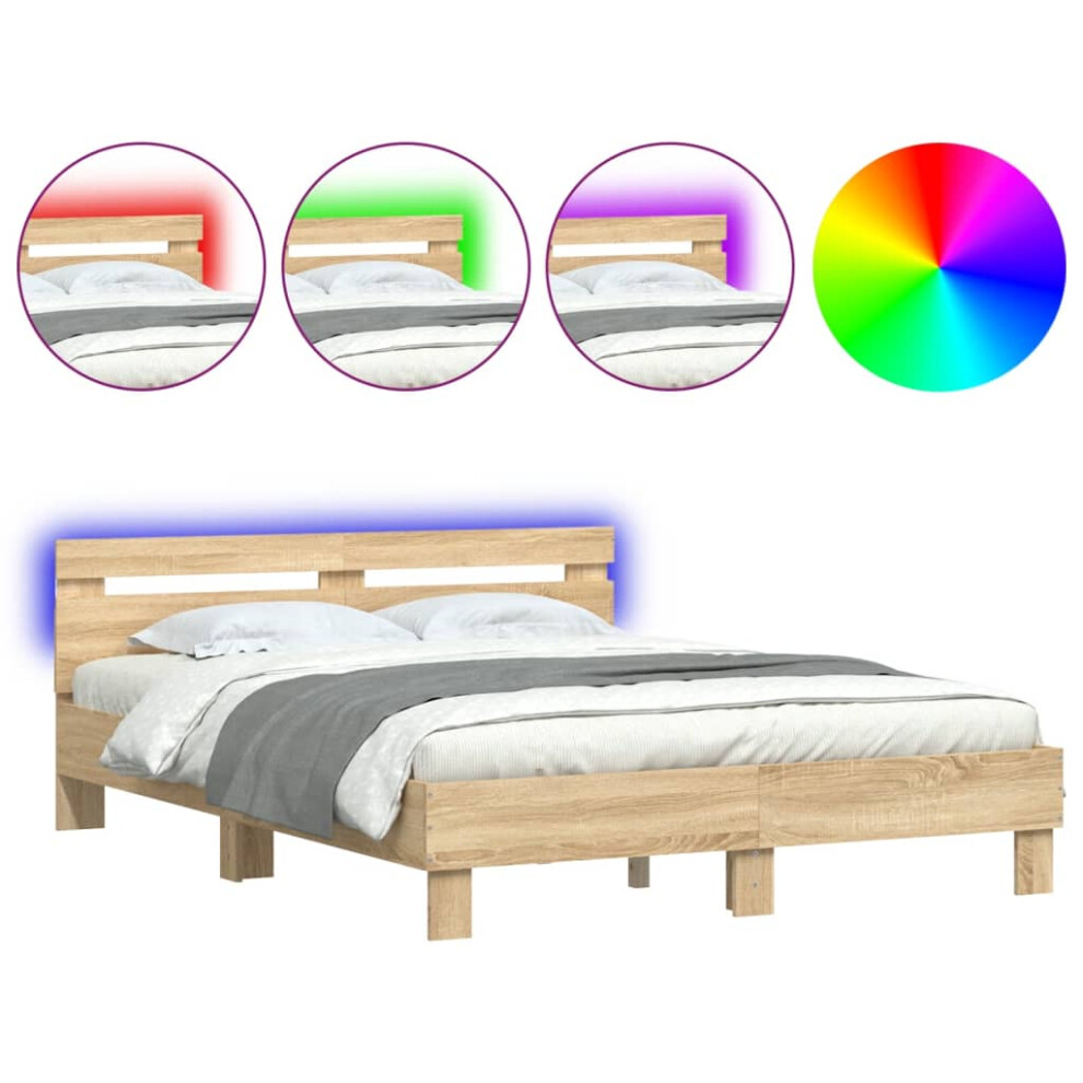 Vidaxl (Sonoma Oak, 140 X 200 Cm) Bed Frame With Headboard And Led Bed Base Bedstead Matress Foundation