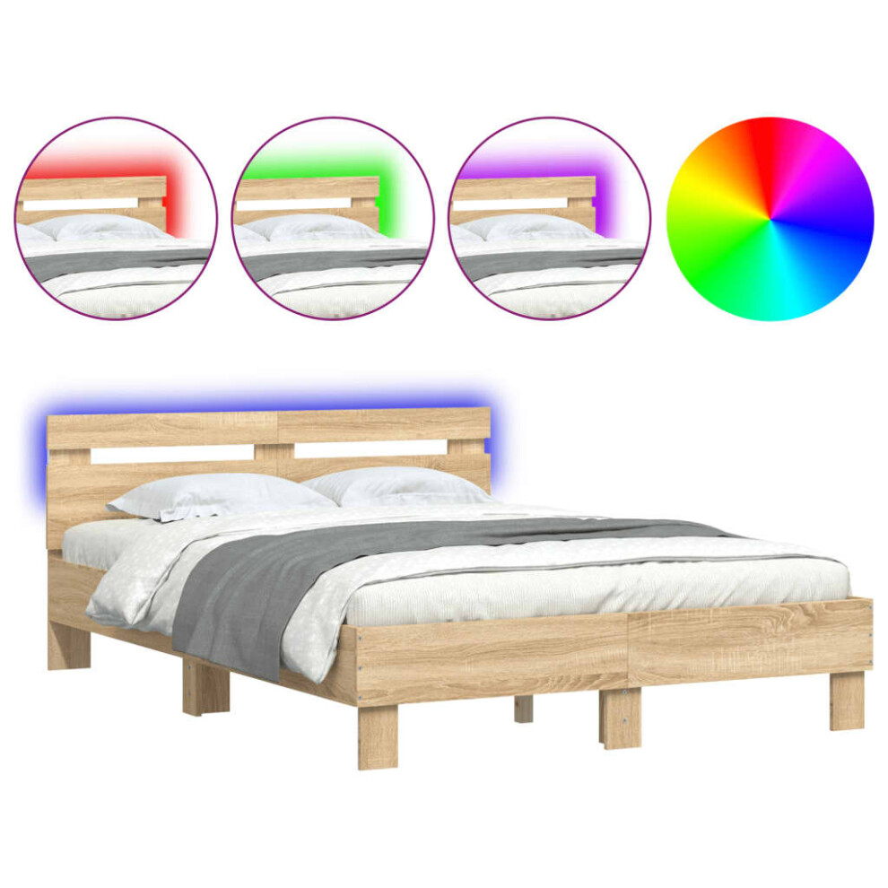 Vidaxl (Sonoma Oak, 120 X 200 Cm) Bed Frame With Headboard And Led Bed Base Bedstead Matress Foundation