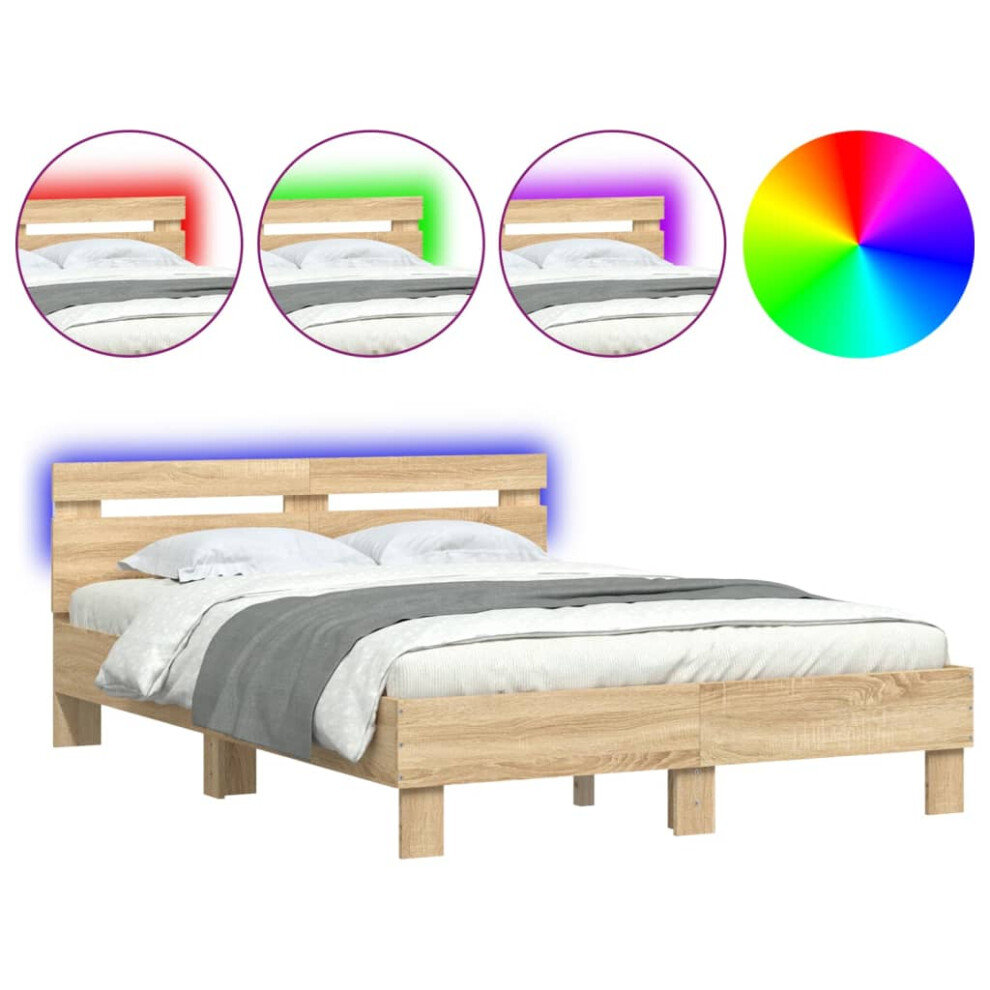 Vidaxl (Sonoma Oak, 135 X 190 Cm) Bed Frame With Headboard And Led Bed Base Bedstead Matress Foundation