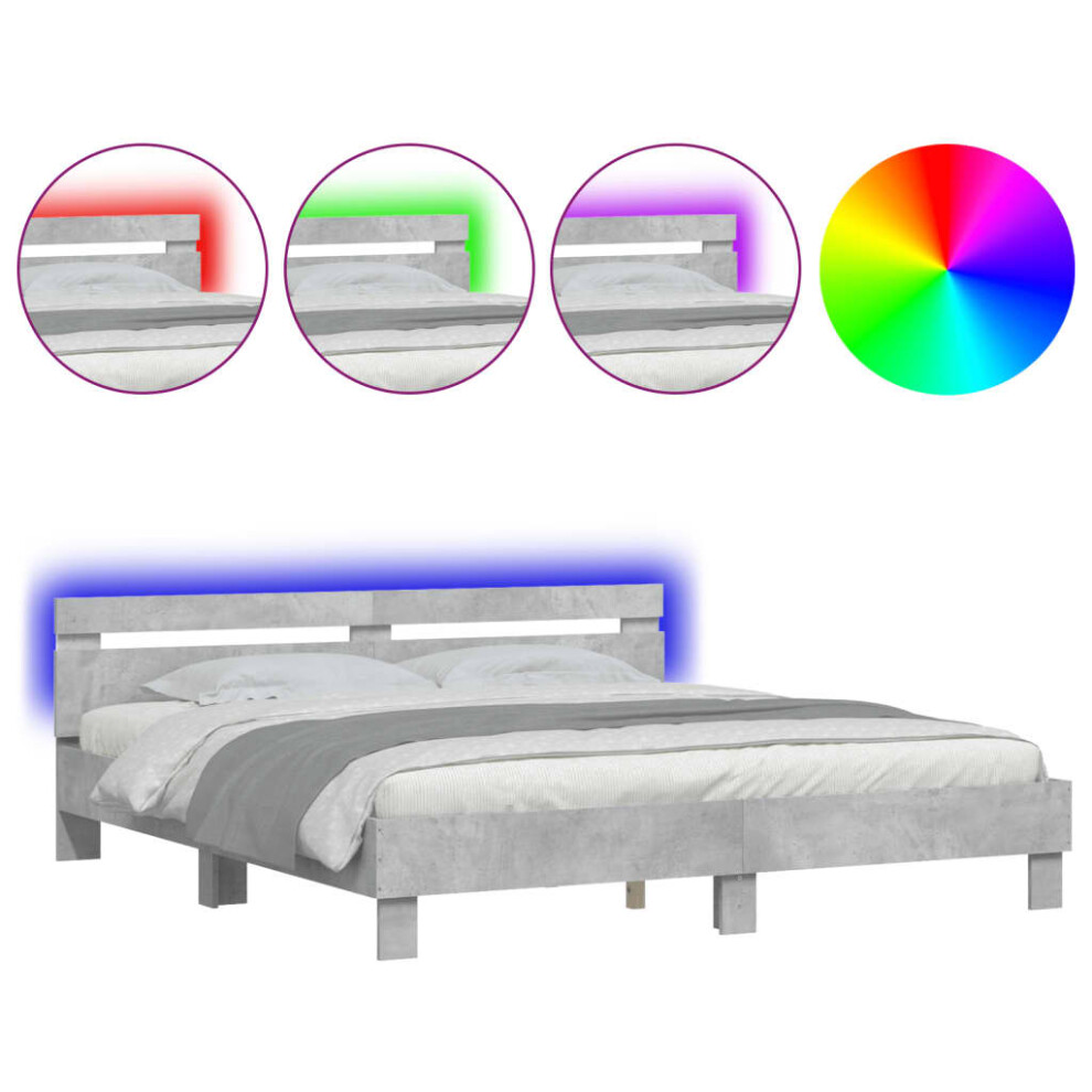 Vidaxl (Concrete Grey, 200 X 200 Cm) Bed Frame With Headboard And Led Bed Base Bedstead Matress Foundation