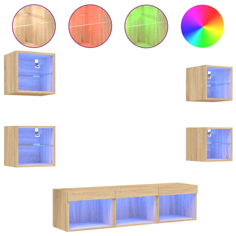 Vidaxl (Sonoma Oak) Tv Wall Units 7 Piece With Led Wall Mounted Tv Cabinet Engineered Wood