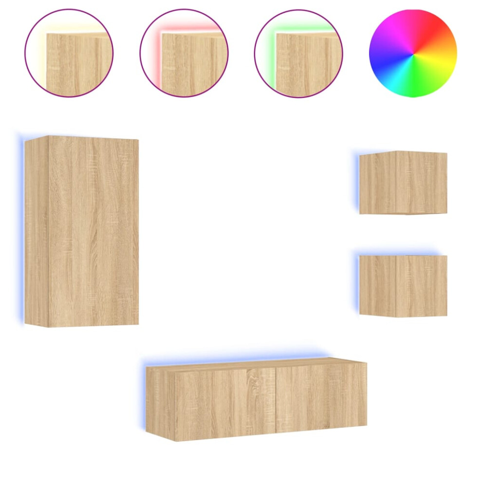 Vidaxl (Sonoma Oak) Tv Wall Cabinets 4 Piece With Led Lights Floating Tv Unit Brown Oak