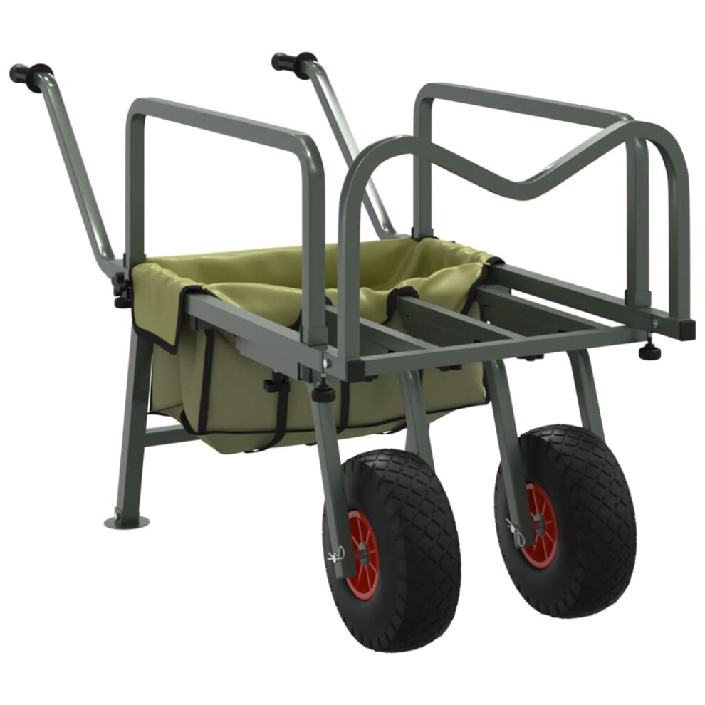 vidaXL Fishing Trolley Green with 2 Wheels Fishing Barrow Powder-coated Steel