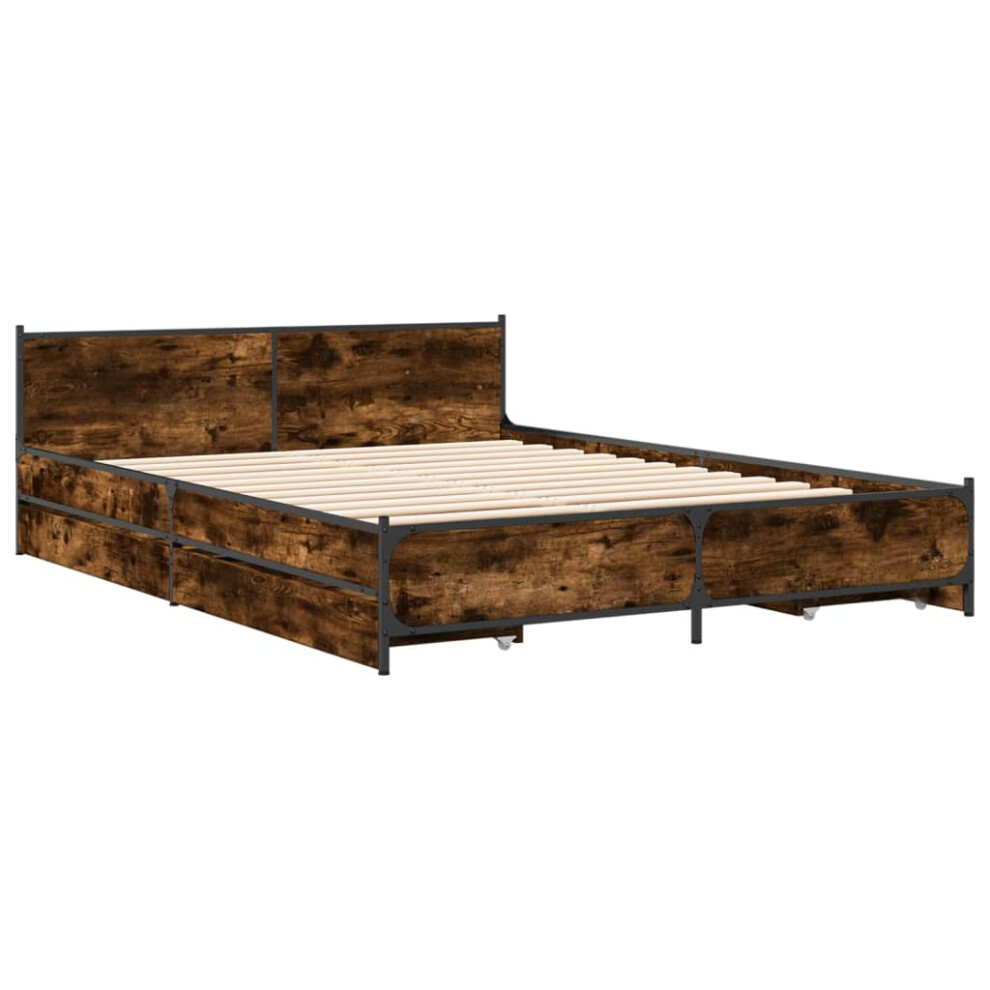 Vidaxl (Smoked Oak, 120 X 190 Cm) Bed Frame With Drawers Bed Base Mattress Foundation Engineered Wood