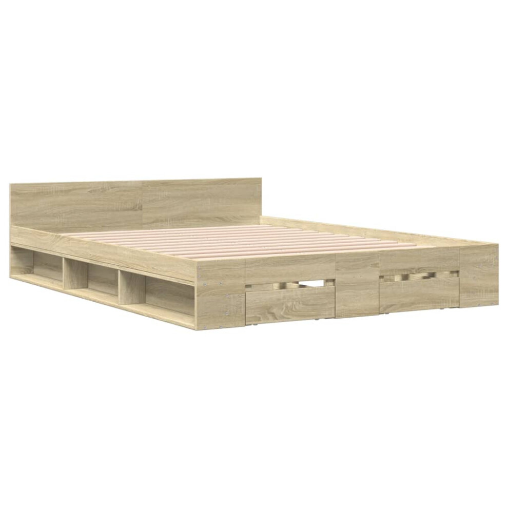 Vidaxl (Sonoma Oak, 140 X 190 Cm) Bed Frame With Drawers Bed Base Smoked Oak 200X200 Cm Engineered Wood