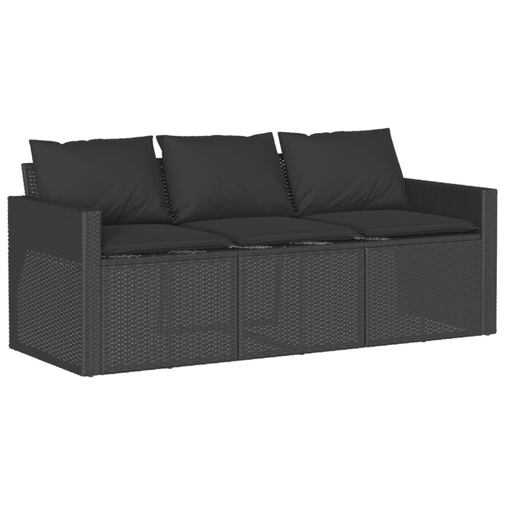 vidaXL Garden Sofa with Cushions 3-Seater Outdoor Sofa Couch Black Poly Rattan