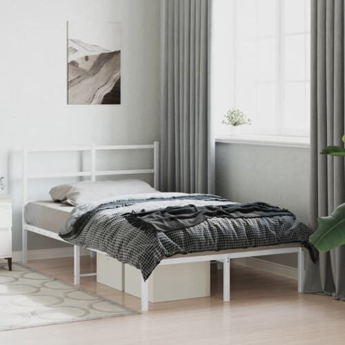 VidaXL vidaXL Metal Bed Frame with Headboard Bed Base White 120x190 cm Small Double 2
