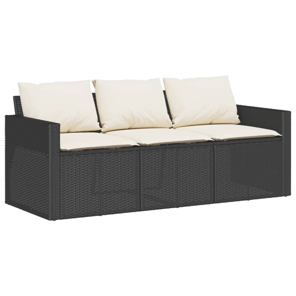 vidaXL Garden Sofa With Cushions 3-Seater Outdoor Sofa Couch Black Poly Rattan