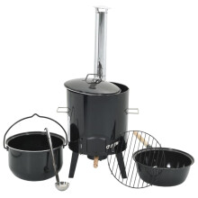 vidaXL Goulash Cannon with Chimney and Lid Outdoor Grill Black Enamelled Steel